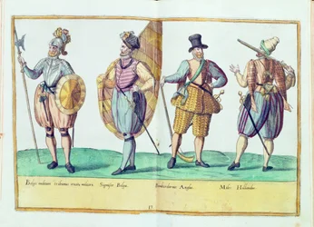 Stroje z XVI wieku z „Omnium Poene Gentium Imagines”, wydanego w Kolonii, 1577 (rycina ręcznie kolorowana)